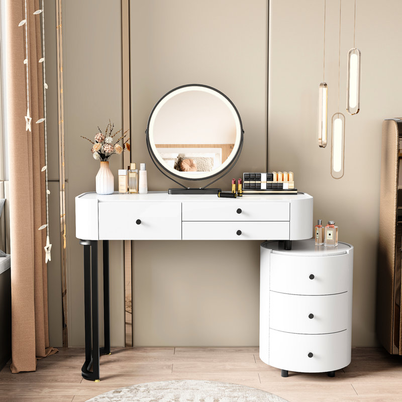 Minimalist Dressing Table With Detachable Round Mirror, Triple - Color Lighting For Facial Details, Three Drawer Storage On Main And Side, Reversible Side Cabinet, Adjustable To Bedroom Layout, White