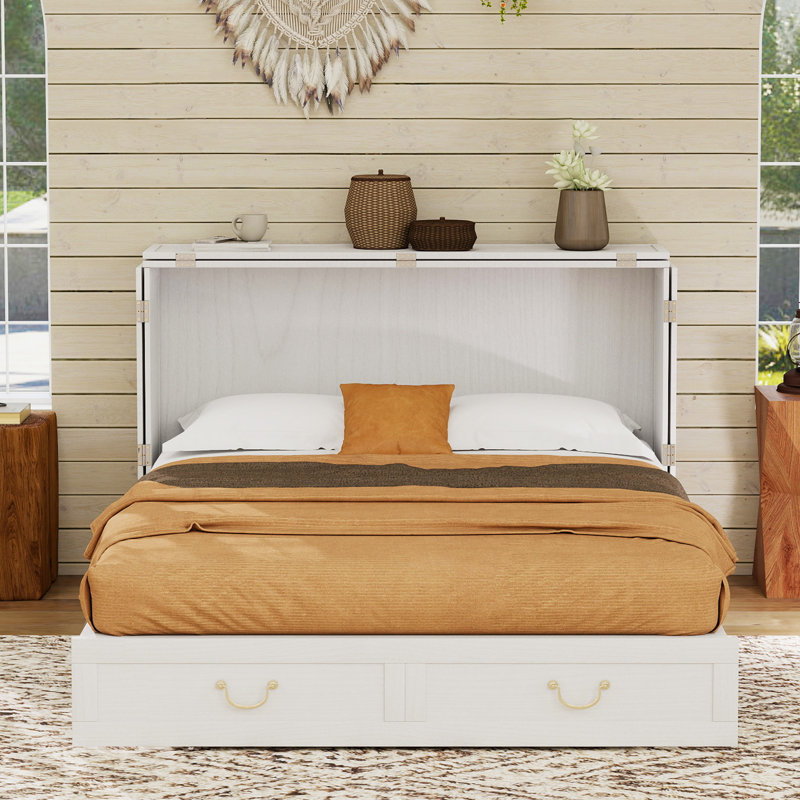 Commode 100% bois massif avec 2 tiroirs, grand lit escamotable avec chargeur intégré pour la chambre à coucher, finition blanche