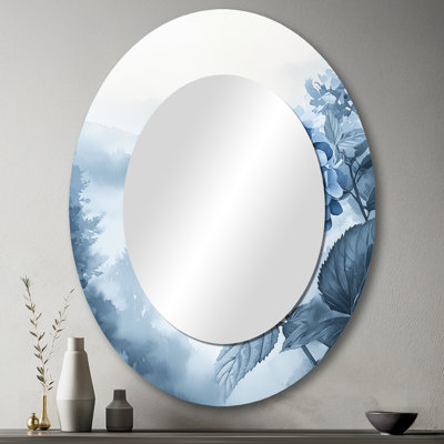 Hortensias dans un jardin brumeux I - Miroir mural ovale traditionnel bleu