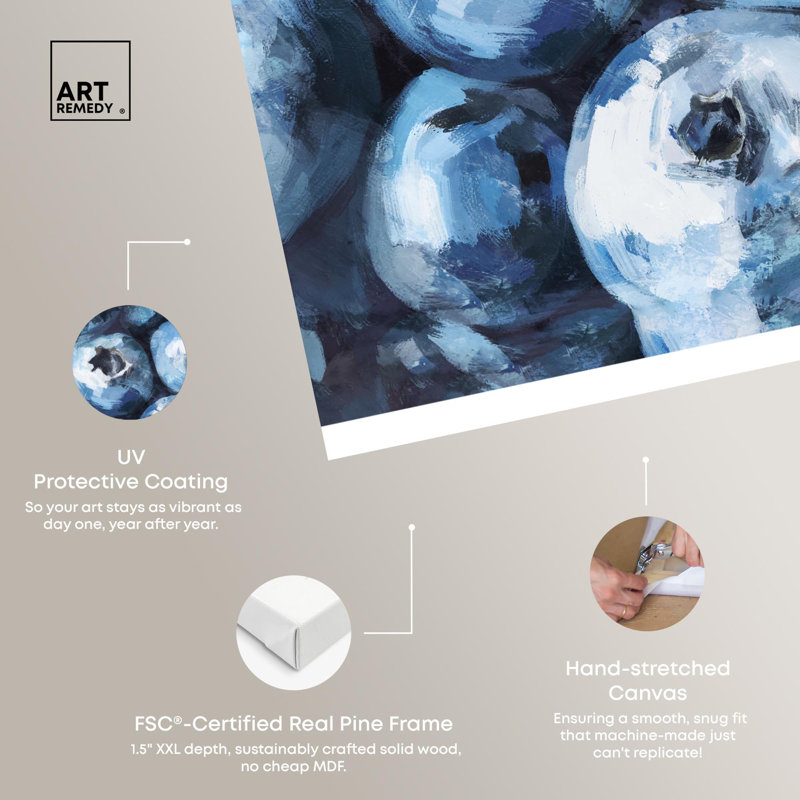 «Blueberries in Summer Blue Decor» par Art Remedy, H 16 po x l 20 po, Toile tendue avec châssis