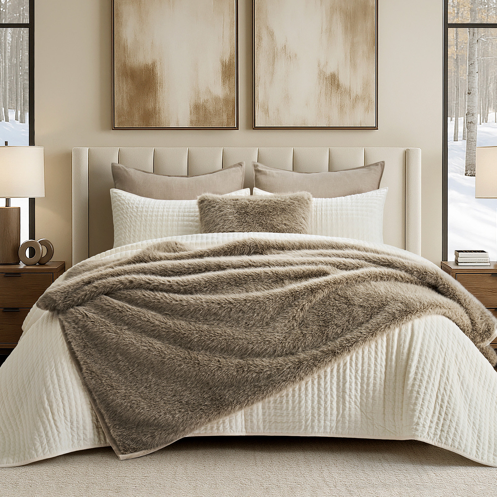 Luxe Faux Fur Throw Blanket, Natural Mink, Throw