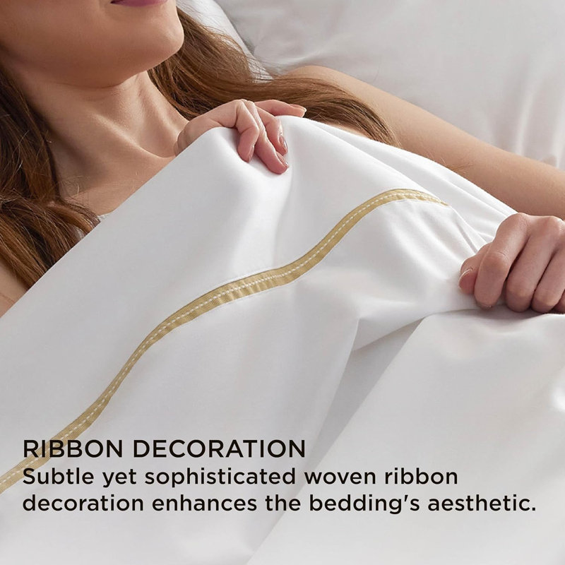 Draps de literie 500TC, Blanc pur, Ensemble de draps pour grand lit avec 2 taies d'or