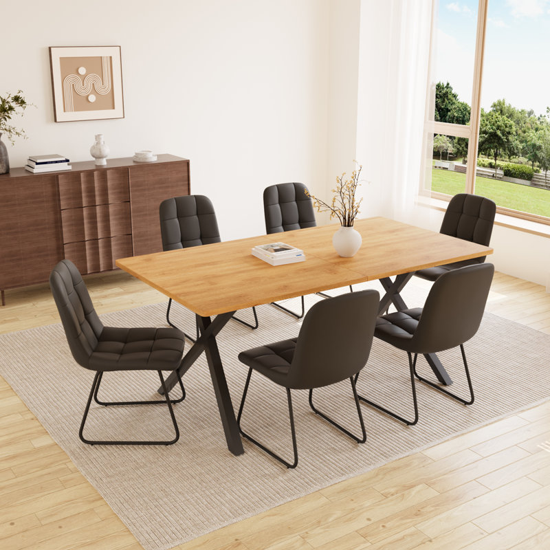 Costner 63" Modern Oak Dining Table Set For Small Spaces, 7-Piece Set With Rectangular Table & 6 Padded Leather Chairs, Compact, Sturdy & Easy To Assemble