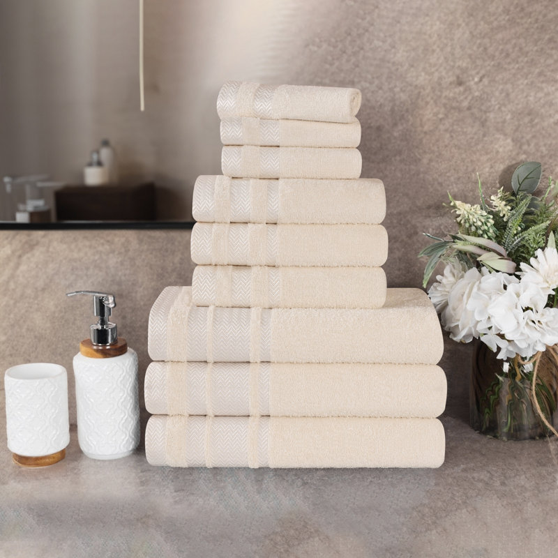 Bonnetsville Hays Cotton Solid Plush Soft Absorbent Medium Weight 9 Piece Bathroom Towel Set, Ivory