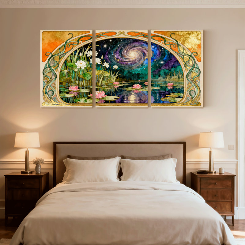 Nénuphar et galaxie, ensemble de 3 reproductions d'art sur toile, H 24 po x l 48 po