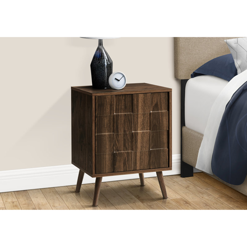 Walnut Laminate Side Table For Bedroom: 23" Height, Solid Wood Legs, Storage With Push Latch, Mid-Century Style Living Room Or Bedroom Accent Areas: Tall, Cabinet, Inspired Design