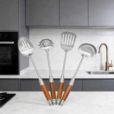 Ensemble d'ustensiles de cuisine 4 pièces en acier inoxydable avec poignées en bois - cuillère rainurée, spatule, cuillère à pâtes, louche - résistant à la chaleur, durable, va au lave-vaisselle