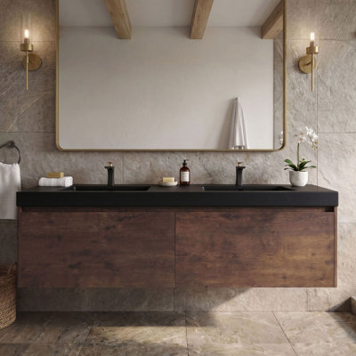 Wall Mounted Single Double Vanity Bathroom Vanity With Solid Surface Top