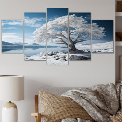 Monochromes bleus et blancs Winters Reflection II - paysage d'hiver, reproduction d'art sur toile - 5 panneaux