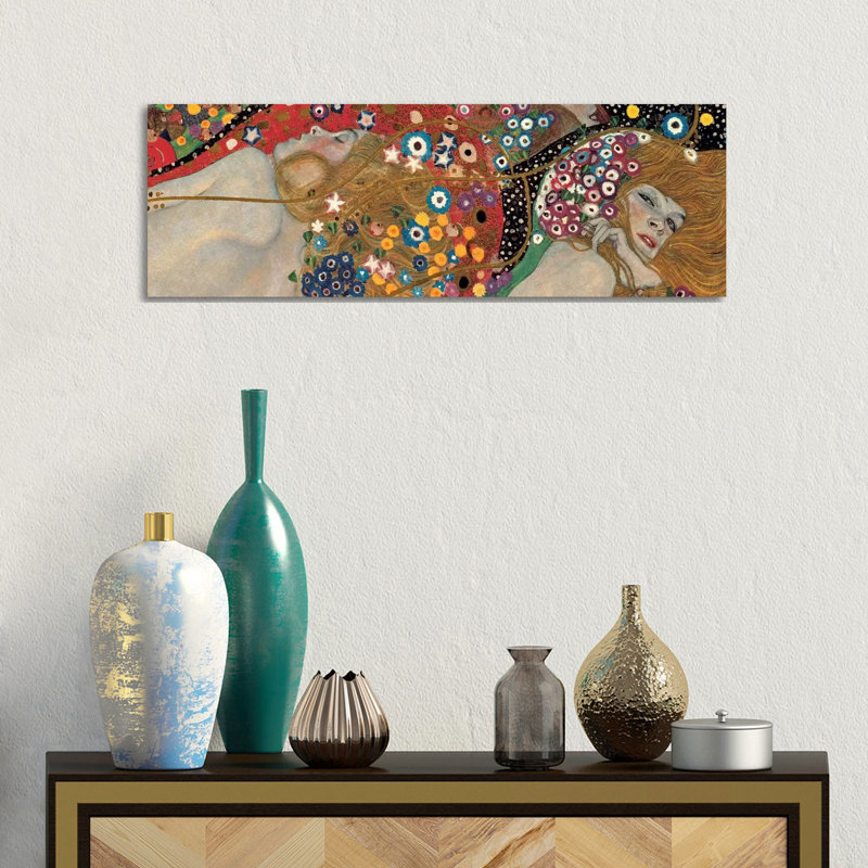 Sea Serpents, Detail I by Gustav Klimt - Panoramic Painting on Canvas, White Framed, 30.48 cm H x 91.44 cm W