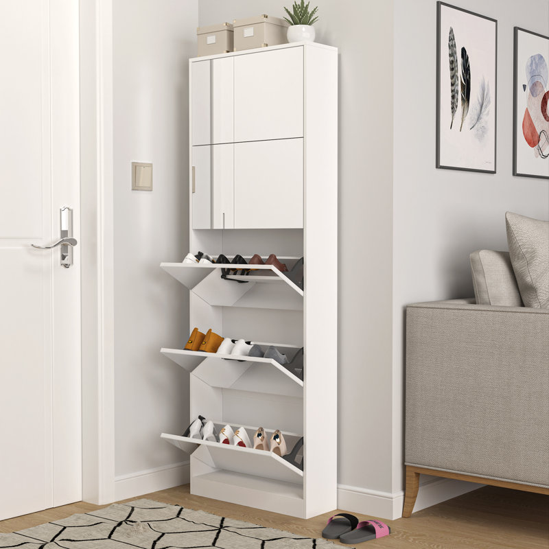 Modern Shoe Storage Cabinet with Mirror for Narrow Corridor and Entryway, White