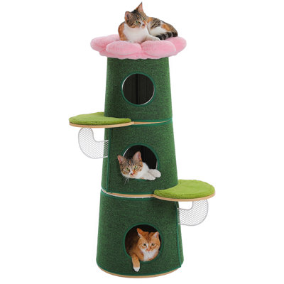 44.5" Modern Cat Tree Tower in Cactus Flower Style with 3 Condos &Metal Frame for Small & Medium Cats, Plant Cat Tree with 360° Full-Wrap Scratching Mat, Indoor Aesthetic Cat Furniture, Green