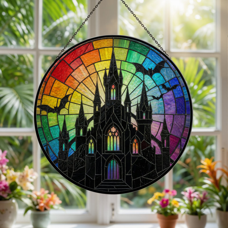 12"H Castle Rainbow Stained Glass Window Panel