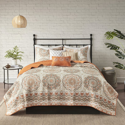 Literie pour très grand lit / très grand lit - orange, médaillons floraux, microfibre douce, 1 courtepointe décorative orange vif avec 2 taies décoratives et 2 coussins décoratifs