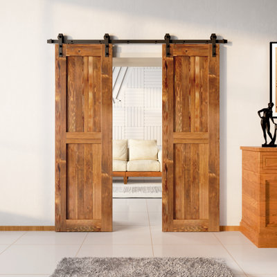 Porte en bois de pin non assemblé H Design avec quincaillerie d'installation rustique noire à deux portes