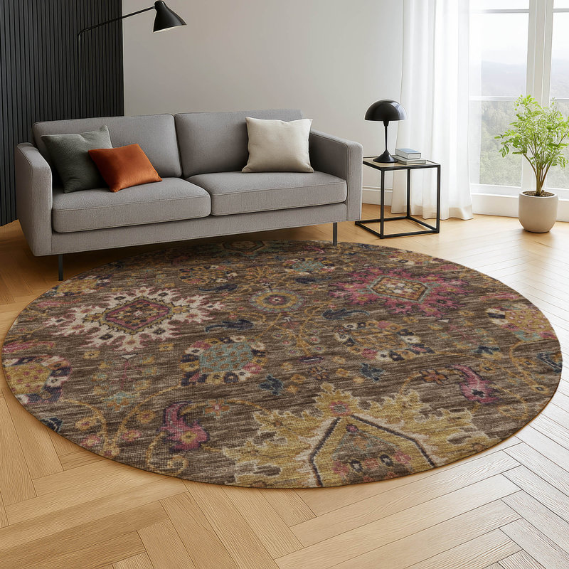 Premium Machine Washable Mayfield AMF2151 medallions Rug, Chocolate, Round 8'