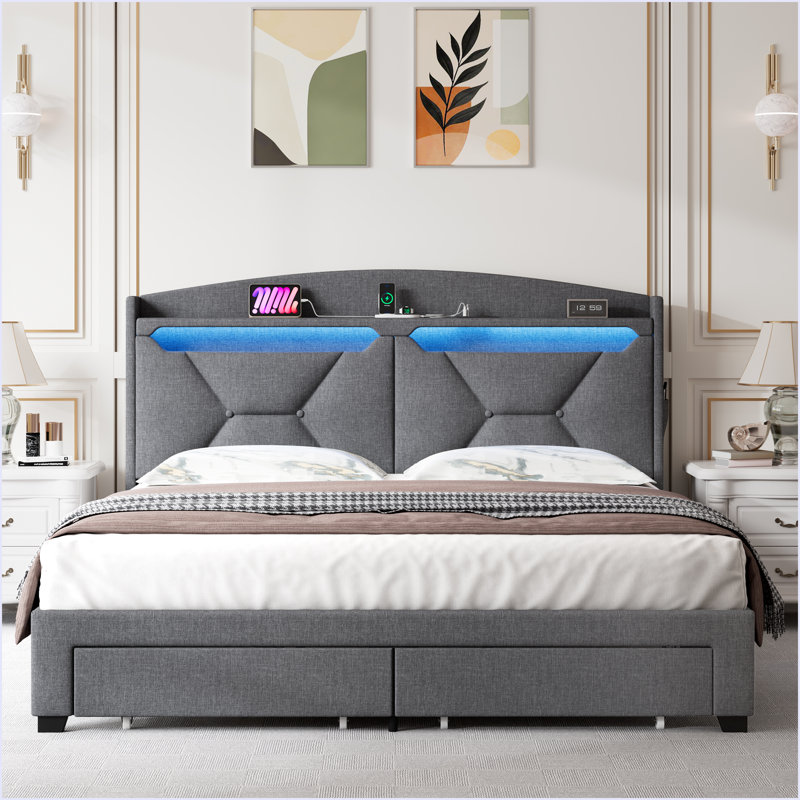 Lit avec tête de lit avec rangement et 2 tiroirs, Gris, Grand lit