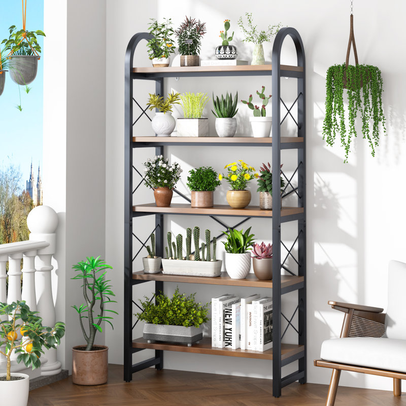 Rustic Pine 5-Tier Bookshelf, 66.1"H x 31.5"W x 13.4"D Industrial Standing Open Etagere Bookcase with Adjustable Feet, Heavy Duty Storage Shelf for Living Room, Bedroom, Office (Vintage Brown)