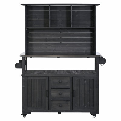 65''H Large Garden Storage Potting Bench with Lockable Wheels, Wood Outdoor Kitchen Island with Stainless Steel top, Drawers, Door Shelves and Hutch for Grilling, Black
