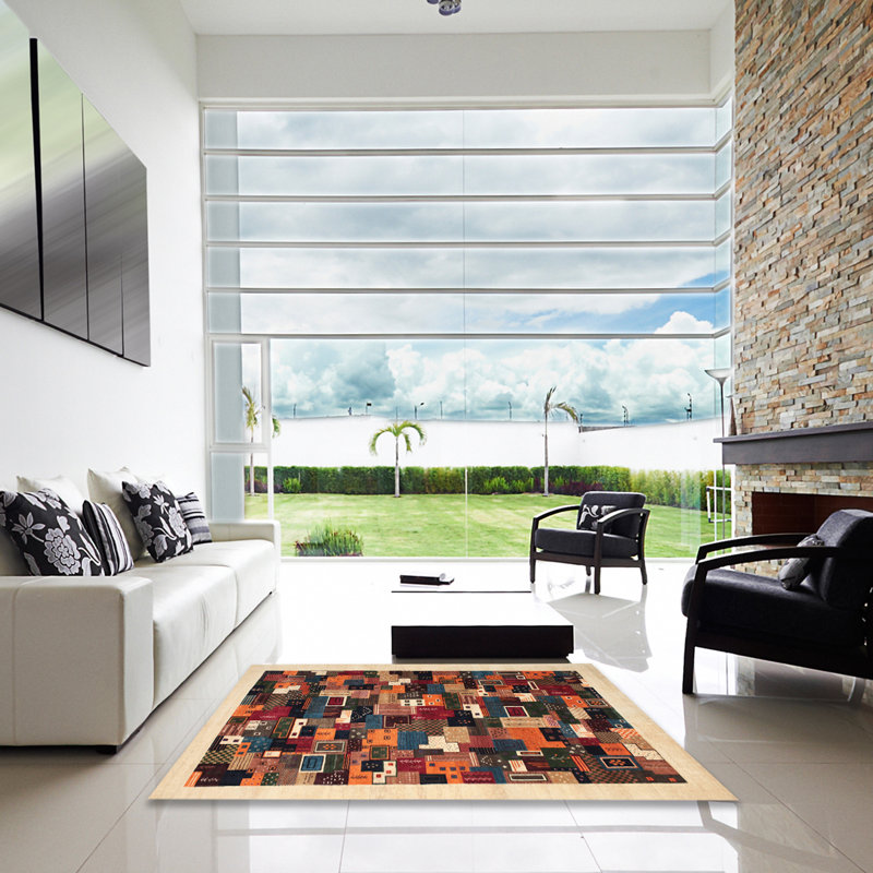 Tapis noir/gris/bleu de zone contemporaine, Carré 4 pi