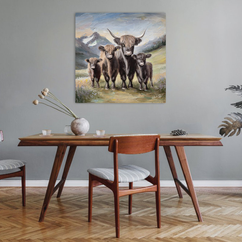 Highland Cow Family, art contemporain, H 32 po x l 32 po