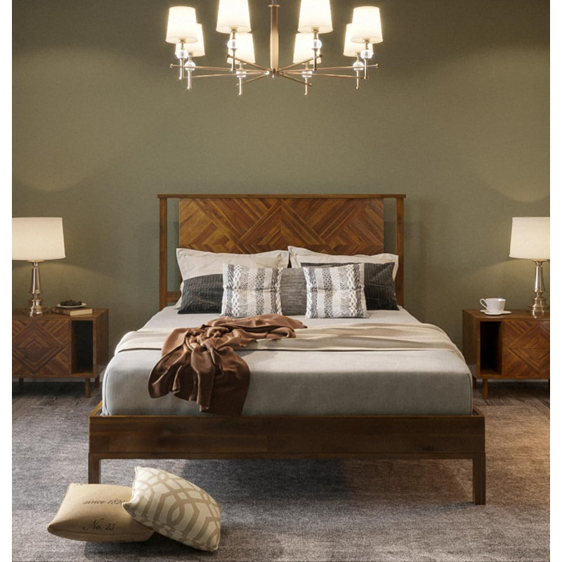 Ethan Solid Wood Platform Bed with Headboard, Rustic Bed Frame, King, Caramel