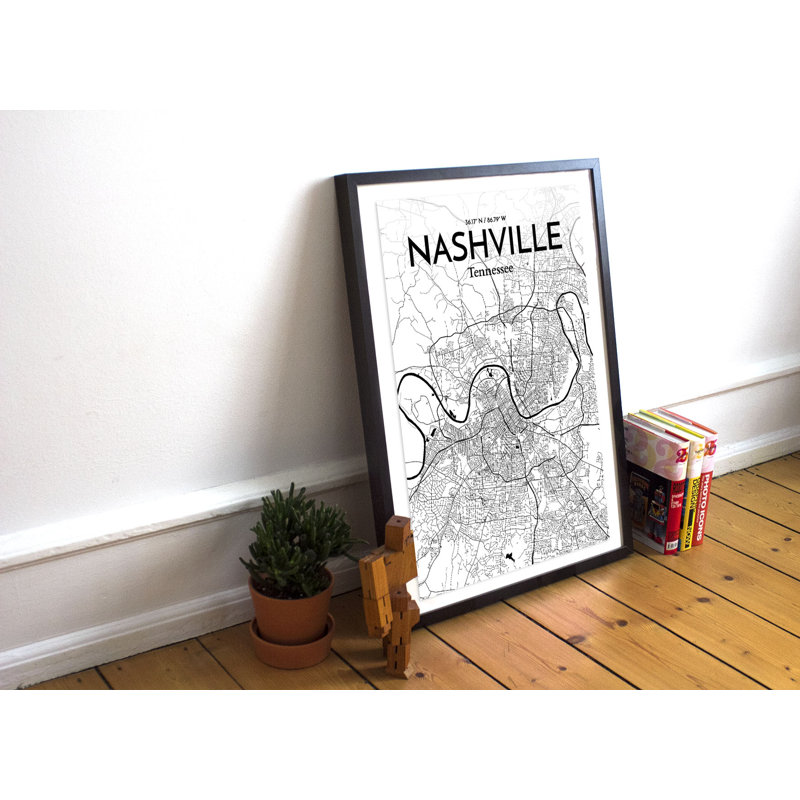 «Nashville City Map», reproduction d'impression sur affiche à l'encre / blanc, H 36 po x l 24 po