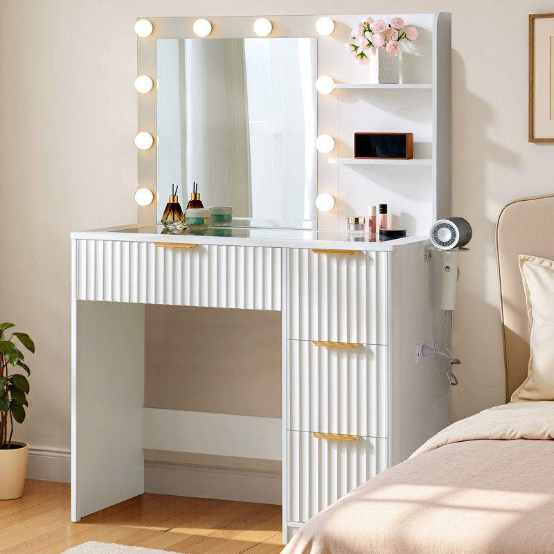 Dressing Table With Lighted Mirror And 4 Drawers, White
