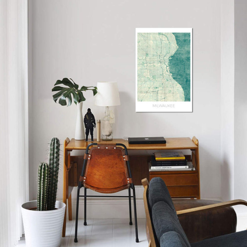« milwaukee rétro bleu aquarelle urban blueprint map », impression sur toile, H 26 po x l 18 po x P 1,5 po, Toile tendue