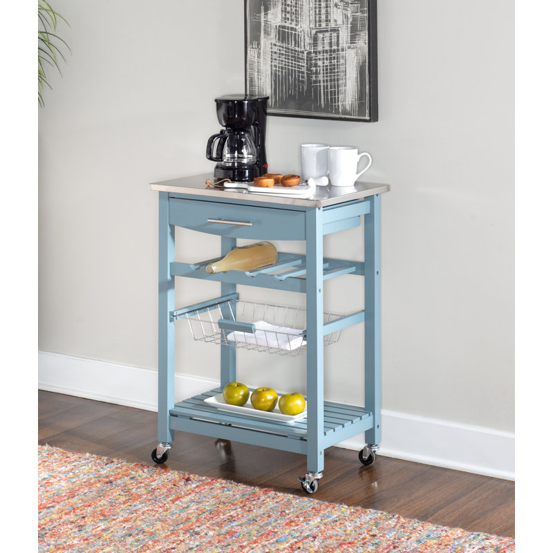 Chariot de cuisine en granit avec tiroir utilitaire et panier Macy, Acier Inoxydable, Bleu champêtre