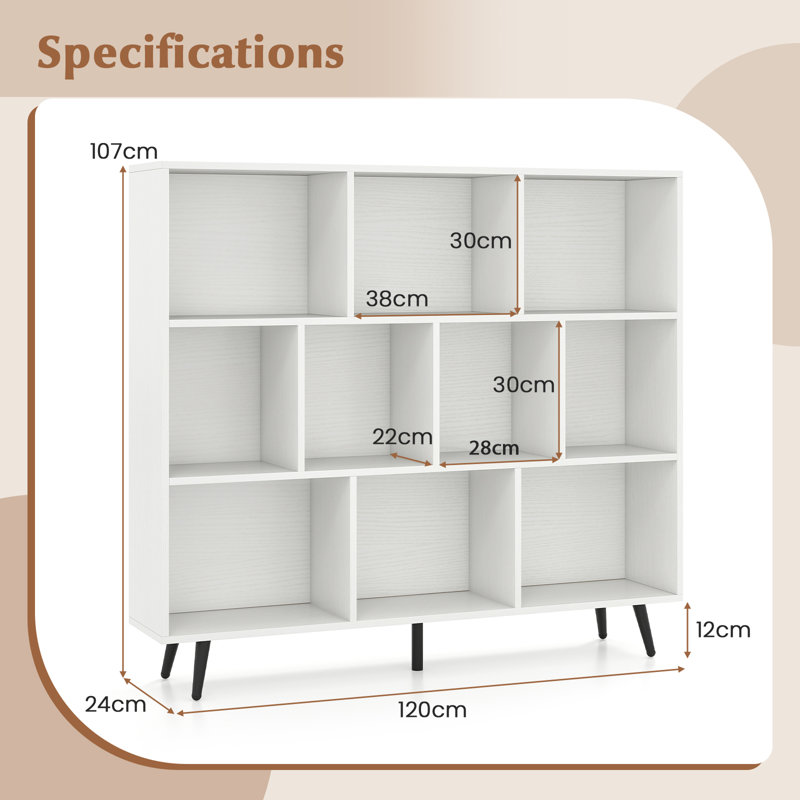 107cm H Metal Standard Bookcase, White, (10 Shelves) 107cm H x 120cm W x 24cm D