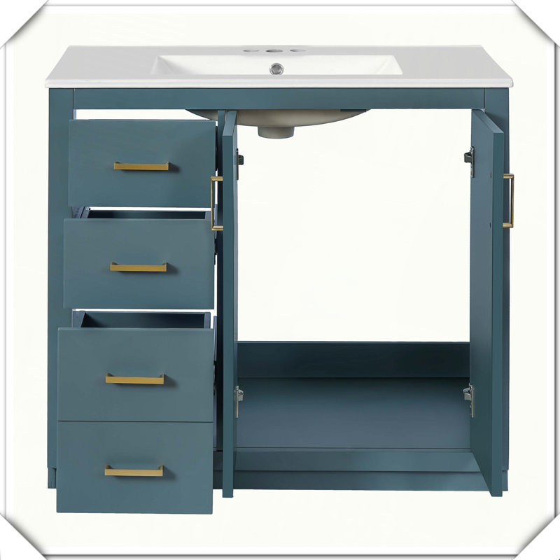Meuble-lavabo autoportant en bois massif avec tiroirs en céramique, Bleu