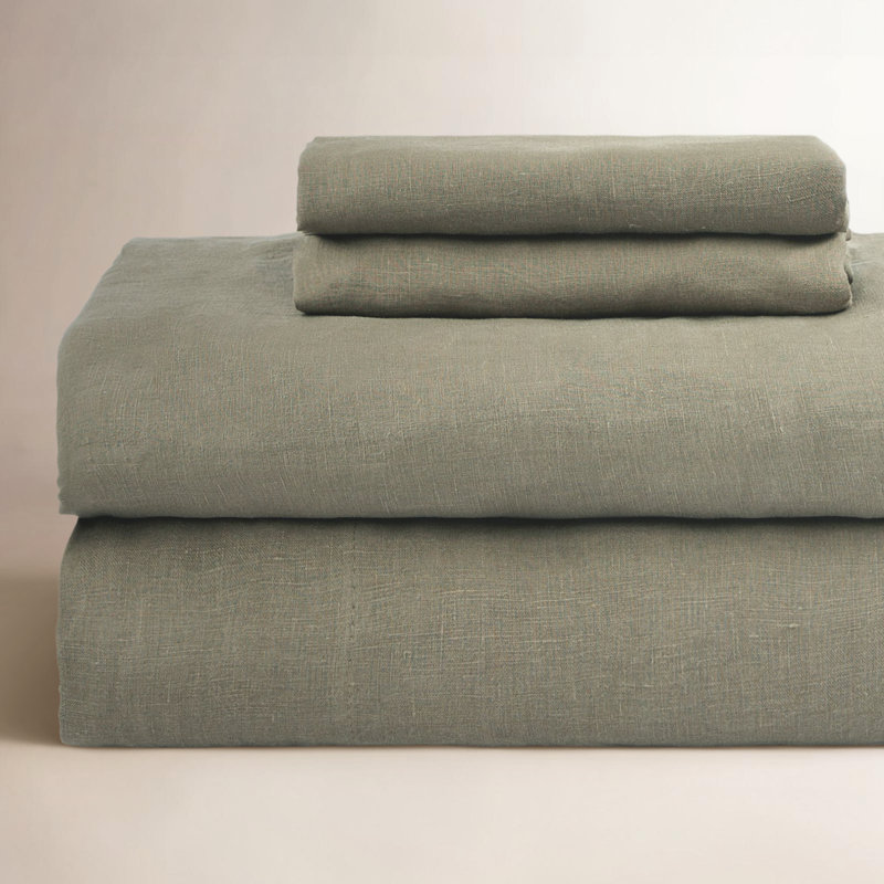 100% French Linen Sheet Set, Moss, King Sheet Set with 2 Pillowcases