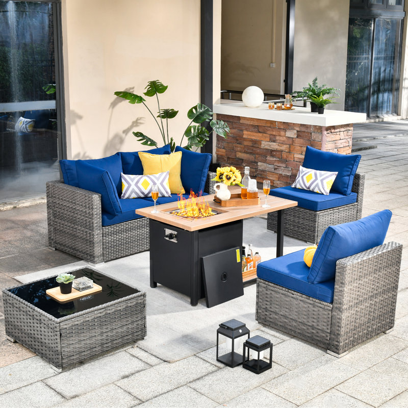 Aliva Wicker 4 - Person Patio Conversation Set with Cushions, Navy Blue