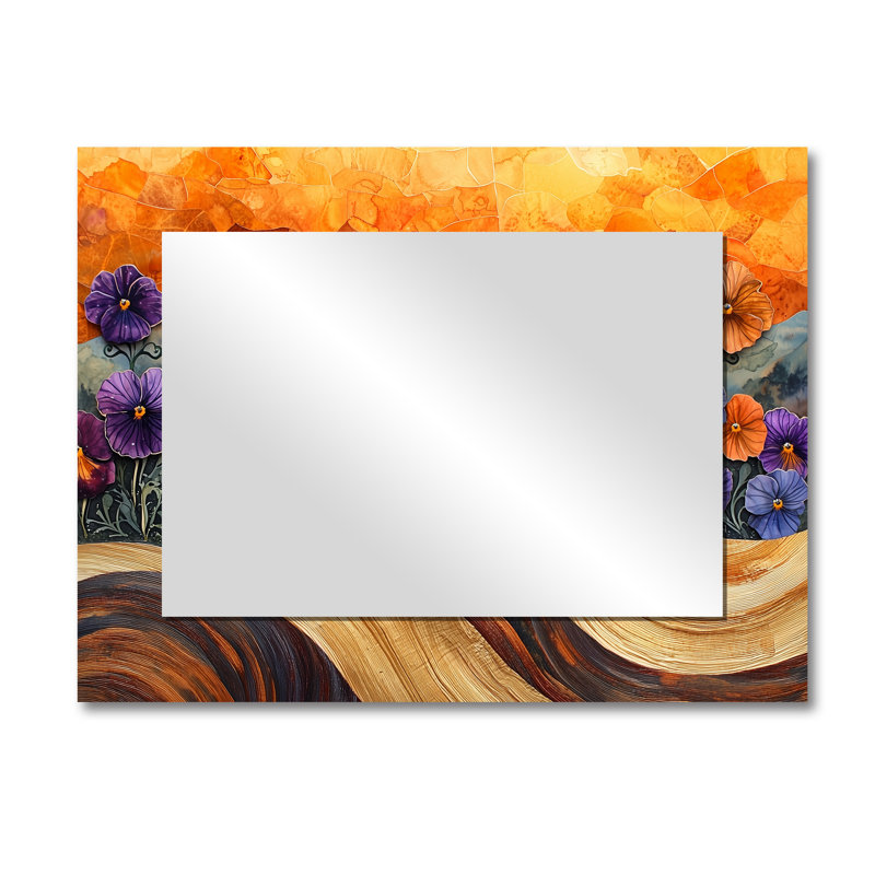 Paysage de ferme Pansies sur bois rivière II - Art mural miroir floral - imprimé sur métal, 30 po x 40 po