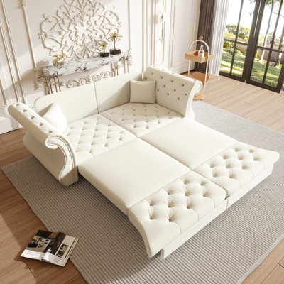 83.8" Oversized 3-Seater Chesterfield Pull Out Sofa Bed, Classic Roll Arm Velvet Couch with Floral Tufting