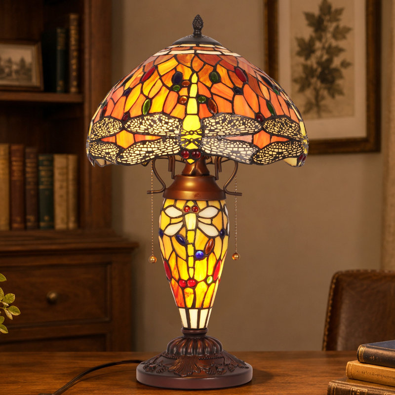 Tiffany Style Dragonfly Table Lamp, 3-Light Stained Glass Bedside Lamp