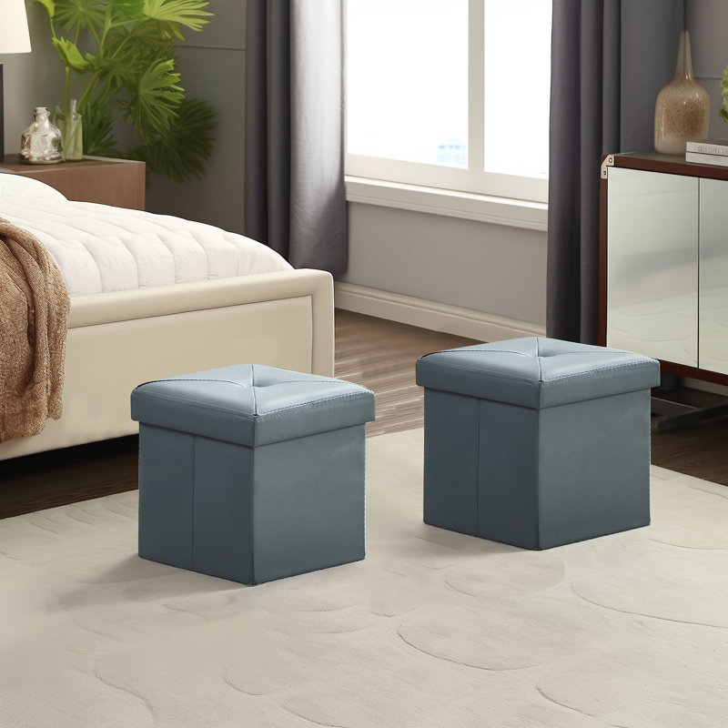 Nashaly 30cm Cube Storage Ottoman Folding Footstools Faux Leather Upholstered（Set of 2）, Light Grey