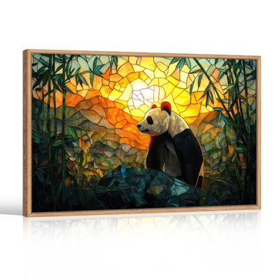 Wood Grain Framed Gallery Canvas Wall Art Panda Bamboo Forest Sunset Stained‑Glass Style Mosaic Canvas Print