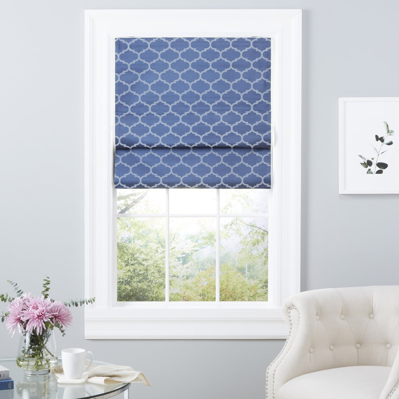 Indigo Trellis Pattern Cordless Blackout Roman Shade