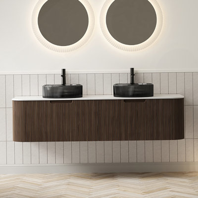 Meuble-lavabo mural 60 po avec lavabos, bords arrondis, rangement rayé, 2 tiroirs, 2 lavabos en verre noir transparent et comptoir, pré-assemblé, grain de bois foncé