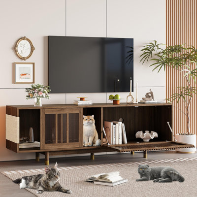 Mid-Century Modern Style 2 IN 1 Cat Furniture 74" Walnut TV STAND With Sliding Flip-Down Glass Door, Cat House Litter Box With Sisal Scratcher Board