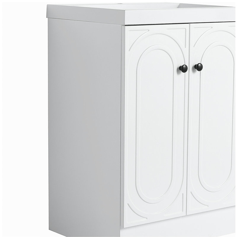 Meuble-lavabo autoportant 24 po avec lavabo en résine blanche et 2 portes d'armoire à fermeture en douceur, Blanc, 24"