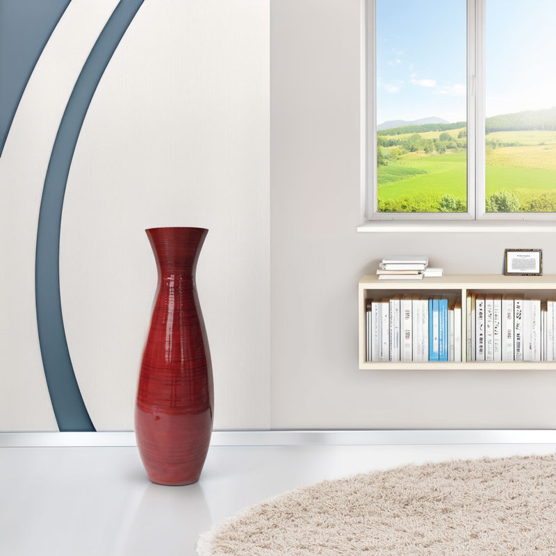 Vase de plancher cylindrique en bambou de 24 po avec trompette évasée décorative pour fleurs séchées, Rouge