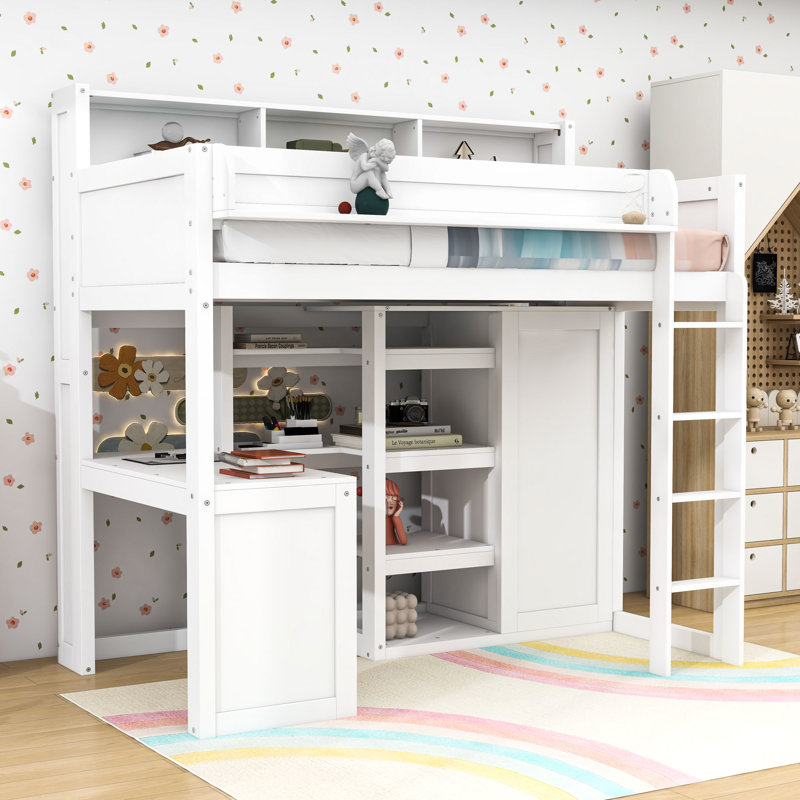 Lit mezzanine simple avec bureau, garde-robe et tablette de rangement, Blanc