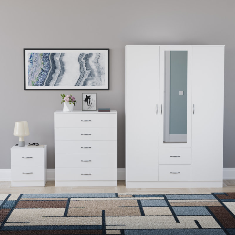 Maybery 3 Piece Bedroom Set (2 Drawer Bedside Chest, 5 Drawer Chest, 3 Door 2 Drawer Mirrored Wardrobe), (5), White