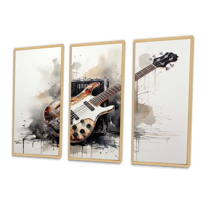 «Brown Charcoal Guitare Vibations IV», art mural musique, H 28 po x l 36 po, Cadre naturel flottant