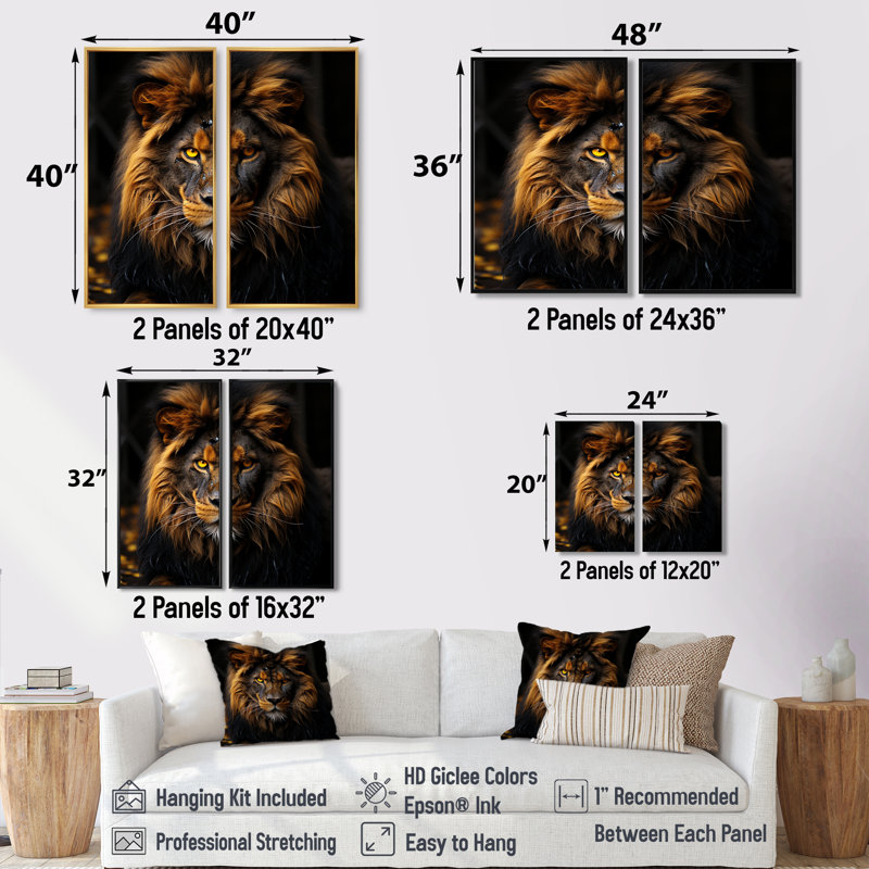 Lion d'or de minuit - impressions sur toile brunes, H 36 po x l 48 po, Toile tendue, Ne s’applique pas