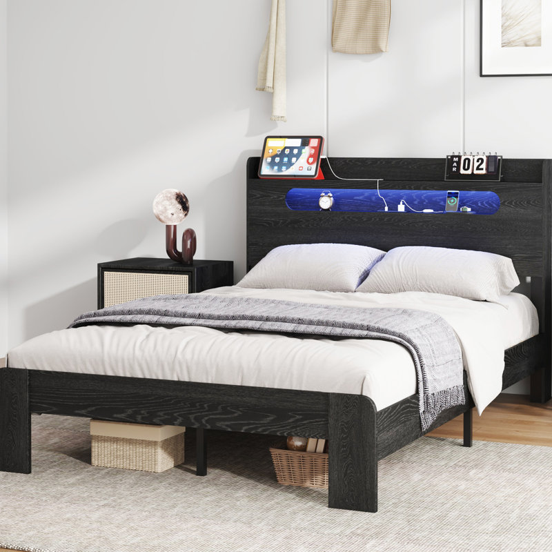 Structure de lit très grand lit, tête de lit avec rangement pour 2 personnes, aucun sommier nécessaire, facile à monter, noir