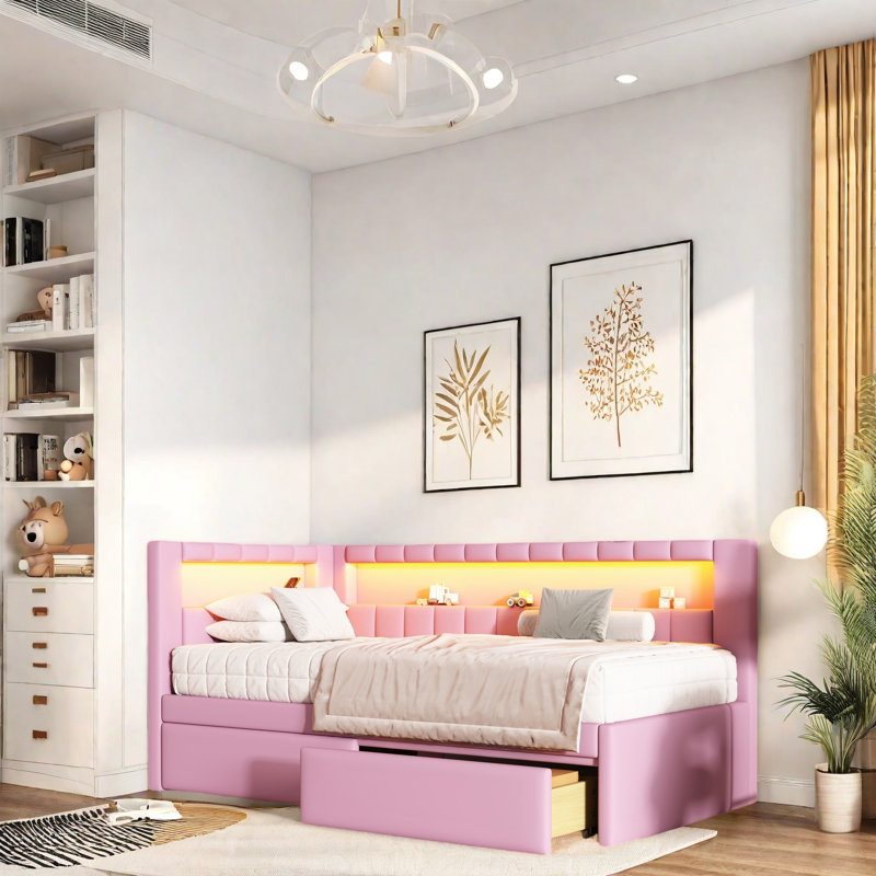 LED Platform Bed Frame with Storage Drawers, USB Ports, 7-Color Adjustable LED Lights, Sturdy Wood Frame with Linen Slats, No Box Spring Needed